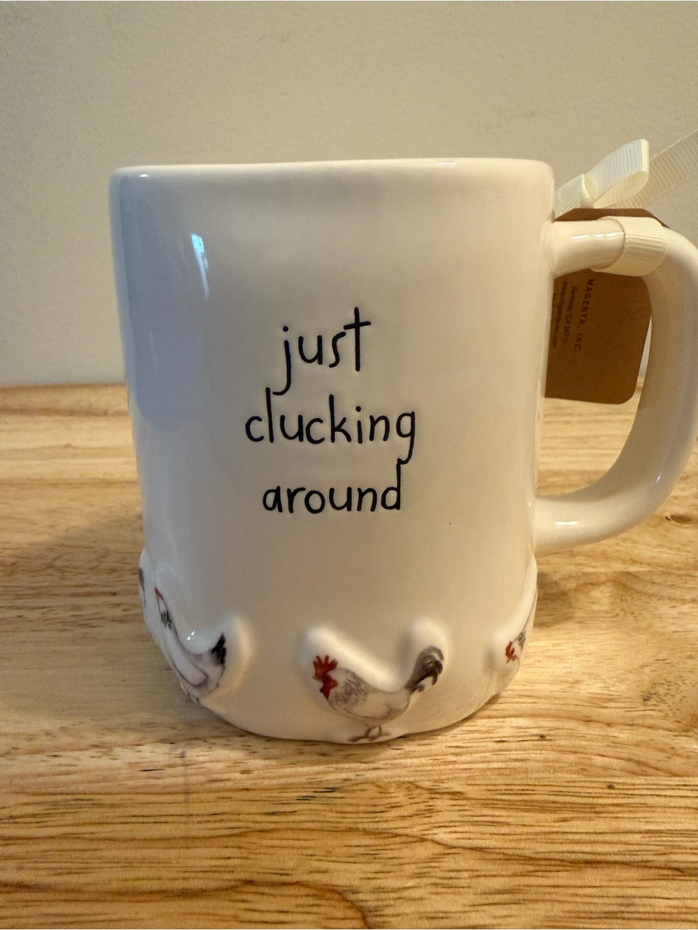 Rae Dunn White Ceramic "just clucking around" Mug with Rooster Accents